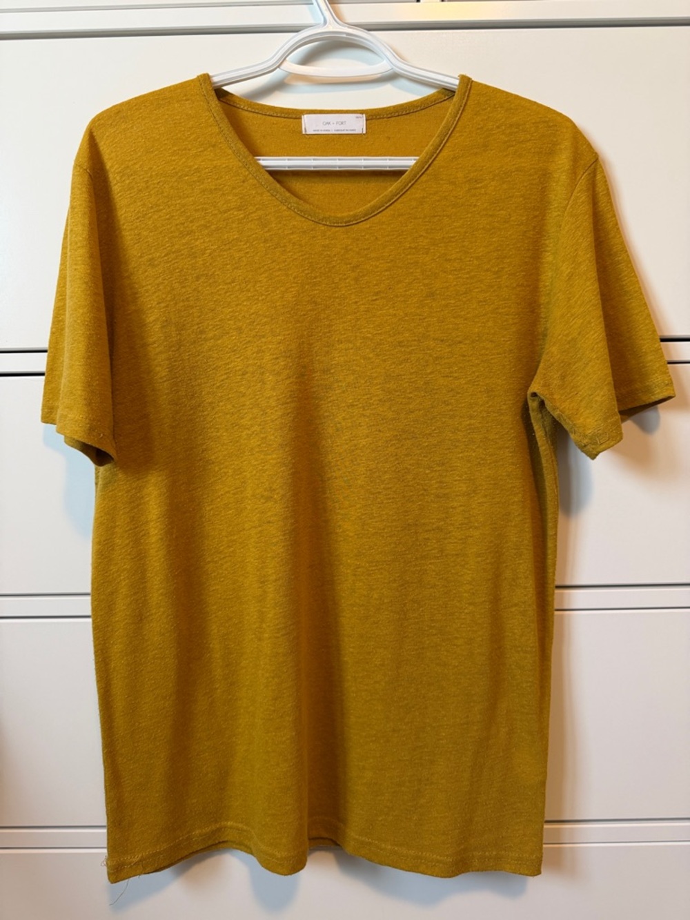 OAK + FORT Women's Short Sleeve V-Neck Tee in Mustard Yellow